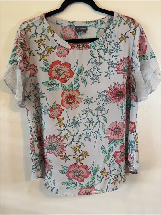 Van Heusen Tops - Van Heusen Floral Flutter-Sleeve Blouse — Pink, Green and Blue on a Light Gray